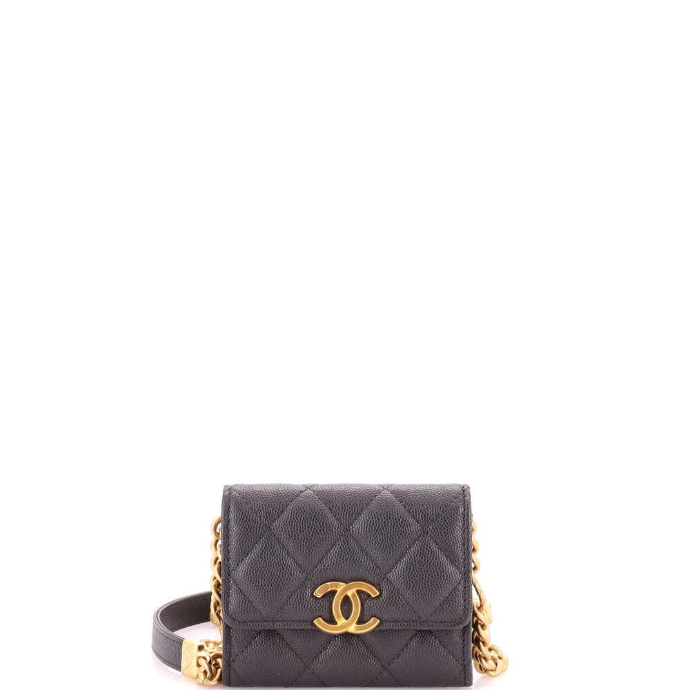 Chanel Mini Plate Logo CC Flap Card Holder on Chain Quilted Caviar